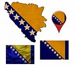 Grunge Bosnia And Herzegovina Flag, Map And Map Pointers Stock Photo