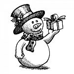 Grunge Snowman With Christmas Hat And Gift Box Stock Photo