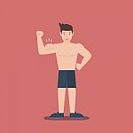 Gym Fitness Muscular Cartoon Man Shirtless Flat Design Stock Photo