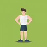 Gym Fitness Muscular Cartoon Man Standing Flat Design Stock Photo