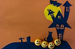 Halloween Background With Haunted House Castle And Black Cat And Stock Photo