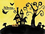 Halloween Card, Watercolour Silhouette  Haunted House And Graveyard Stock Photo