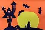 Halloween Concept With Haunted House Castle And Black Cat And Mo Stock Photo