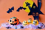 Halloween Concept  With Haunted House Castle And Pumpkins Bucket Stock Photo