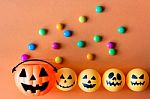 Halloween Jack O Lantern Bucket With Candy Stock Photo