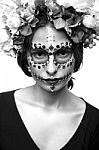 Halloween Model With Rhinestones And Wreath Of Flowers Isolated Stock Photo