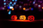 Halloween Pumpkin Lamp, Pumpkin Lantern At Night Stock Photo