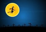 Halloween Witch Flying On Broom Stock Photo