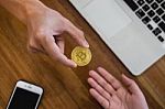 Hand Exchange Golden Metal Bitcoin Crypto Currency Investment- S Stock Photo