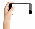 Hand Hold Smartphone Mobile Isolated On White With Clipping Path Stock Photo