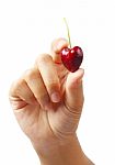 Hand Holding Cherry Heart Shape Isolated Clipping Path Stock Photo