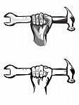 Hand Holding Hammer And Wrench Symbol Industry Concept Stock Photo