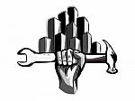 Hand Holding Hammer And Wrench Symbol With Abstract Building On Stock Photo