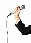 Hand Holding Microphone Isolated With Clipping Path Stock Photo