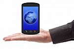Hand Holding Smartphone With World Stock Photo
