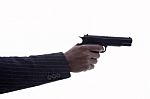 Hand Of Man With Gun On A White Background Stock Photo