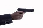 Hand Of Man With Gun On A White Background Stock Photo