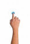 Hand Pushing Blue Button Stock Photo