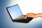 Hand Touching On Laptop And Connection Stock Photo