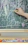 Hand Writing On Chalkboard With Multicolor Chalk Stock Photo