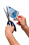 Hands Cutting Banknote Stock Photo