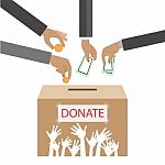 Hands Putting Gold Coin And Money In Donation Box. Illustration In Flat Style Stock Photo
