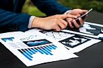 Handsome Businessman Wearing Suit And Using Modern Laptop Outdoo Stock Photo