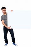 Handsome Guy Holding Blank Ad Board Stock Photo