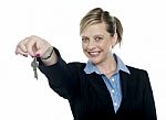 Happy Aged Woman Holding Keys Stock Photo