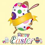 Happy Easter Bunny With Big Egg. Little Gift At Easter.  Easter Day  On Yellow Background Stock Photo