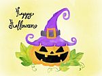 Happy Halloween Card, Watercolour Elements Pumpkin Wears Witch Hat Stock Photo