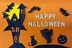Happy Halloween With Haunted House Castle And Black Cat Stock Photo