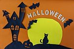 Happy Halloween With Haunted House Castle And Black Cat And Moon Stock Photo