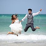 Happy Just Married Young Couple Celebrating And Have Fun At Beau Stock Photo
