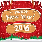 Happy New Year 2016. The White Snow And Green Christmas Tree On Red Background. White Snow And Star In Sky Stock Photo