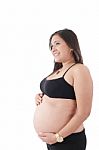 Happy Pregnant Woman Looking To A Copyspace Isolated Stock Photo