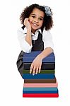 Happy School Girl With Stack Of Books Stock Photo