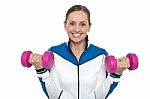 Happy Woman Carrying Dumbbells In Both Hands Stock Photo
