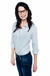 Happy Woman In Trendy Wear. Shirt And Jeans Stock Photo