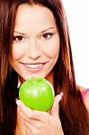 Happy Woman With Green Apple Stock Photo