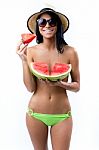 Happy Young Girl In Topless, Eating A Watermelon Stock Photo