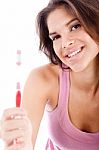 Happy Young Women Showing Her Toothbrush Stock Photo