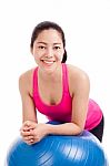 Healthy Woman - Girl Smiling And Leaning Fitness Ball Isolated O Stock Photo