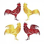 Hens And Roosters Gold And Red Color Stock Photo