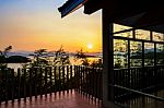 High Angle View Beautiful Lake At Sunset From Resort Stock Photo