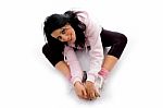 High Angle View Of Female Doing Exercise On White Background Stock Photo