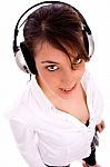 High Angle View Of Happy Fashionable Woman Listening Music Stock Photo