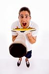 High Angle View Of Male Showing Racket Stock Photo