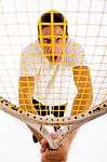 High Angle View Of Shouting Man Holding Racket Stock Photo