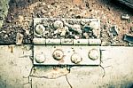 Hinge And Rust And Rivet On Metal Sheet High Contrast Style Stock Photo